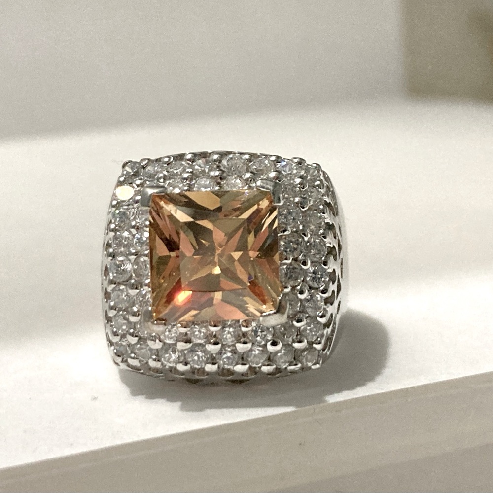 Peach & Clear CZ 925 Sterling Heavy Square Cocktail Statement Ring sz7
